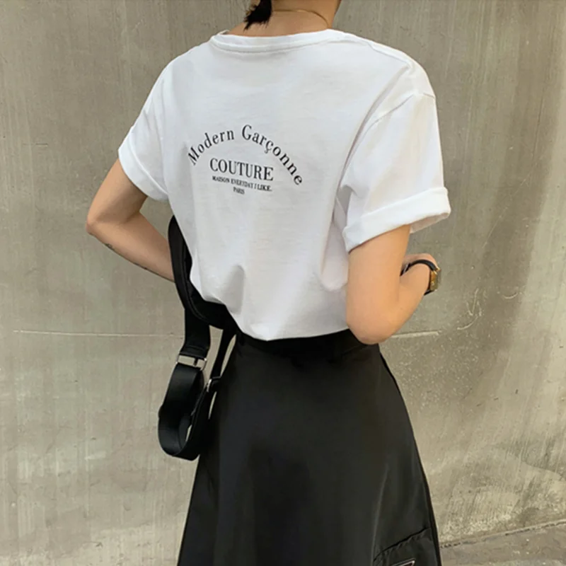

Summer new style back printing letter T-shirt women loose and simple pure cotton round neck short sleeve top