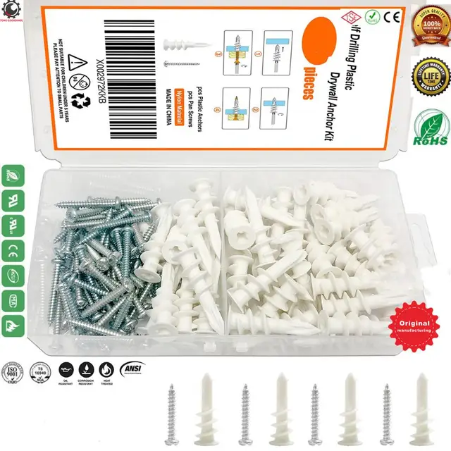 Excellent Plastic Self Drilling Drywall Ribbed Anchors with Phillips Flat Head Self Tapping Screws Assortment Kit