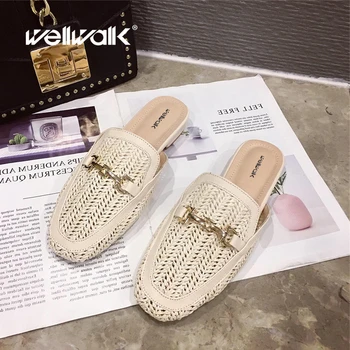 

Wellwalk Brand Buckle Mules Shoes Women Flat Shoes Slippers Ladies Slip On Straw Shoe Loafers Female Slipper Unicorn Women Slide