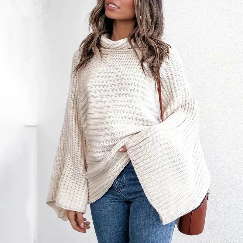 

Loose Knitting Sweater Sweaters For Women Turtleneck Flare Long Sleeve Striped Sweater Female Oversized Solid Women Sweater