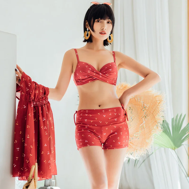 

INS Online Celebrity-Hot Springs Swimwear Chiffon Bikini Three-piece Set Belly Covering Underwire Small Bust Gathering Plus-size