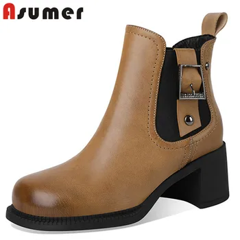 

Asumer 2020 top quality genuine leather shoes women ankle boots thick heel vintage casual shoes ladies autumn winter boots