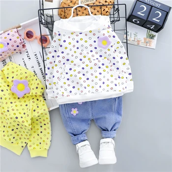 

HYLKIDHUOSE Baby Girls Clothing Sets 2020 Autumn Hooded Flowers T Shirt Jeans Infant Newborn Clothing Children Casual Clothes