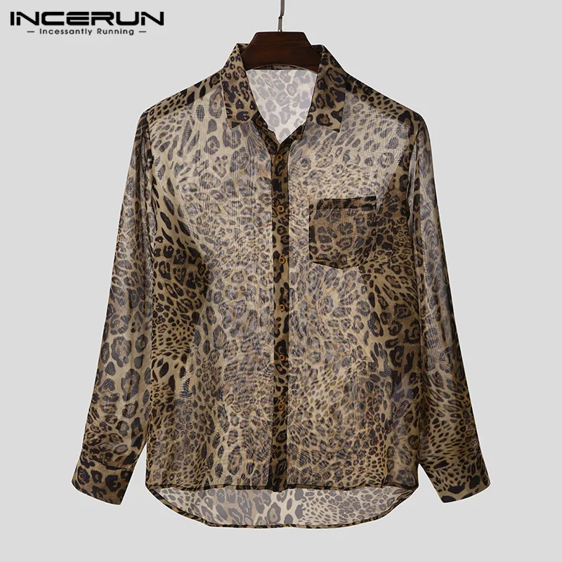 Men Shirt Long-Sleeve Leopard-Print INCERUN Transparent Button Streetwear Party Fashion