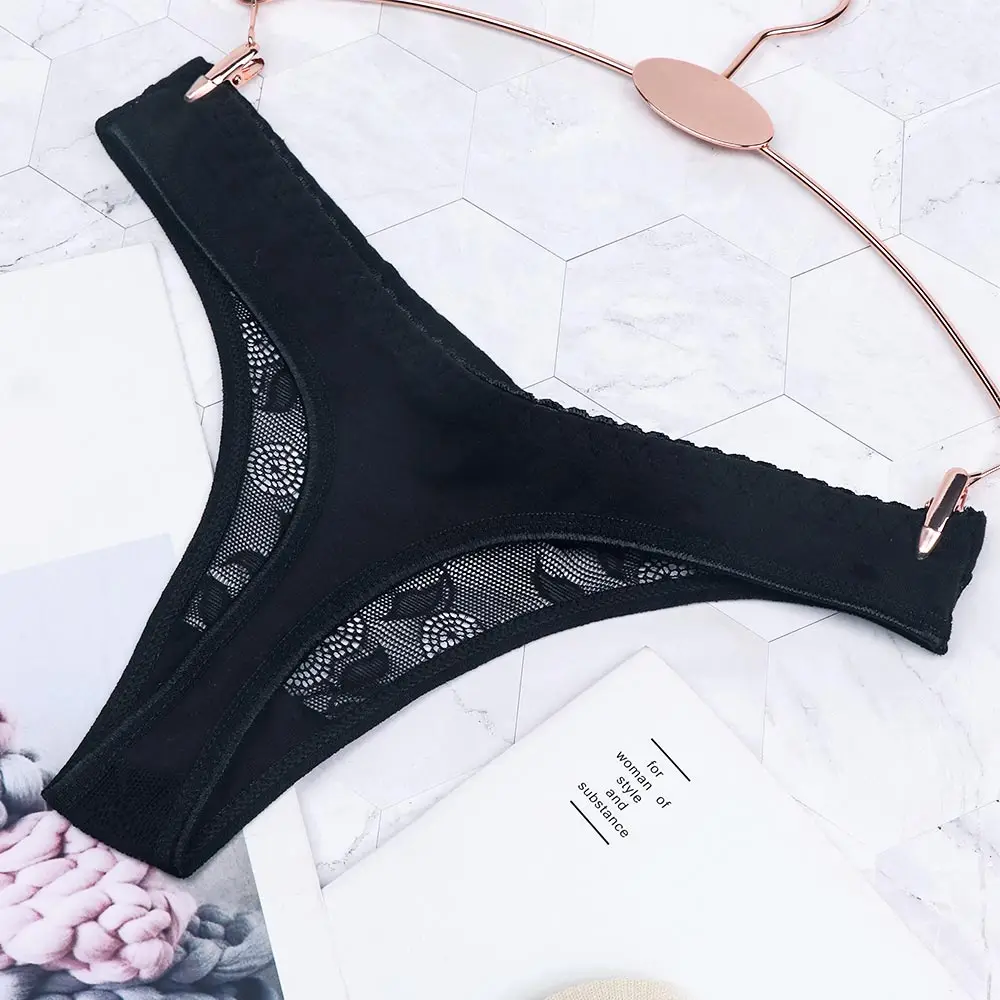 black Сексуальные Бесшовные стринги трусики с низкой посадкой Кружева V-string Трусы прозрачные сетчатые g-стринги дышащее нижнее белье - Цвет: black
