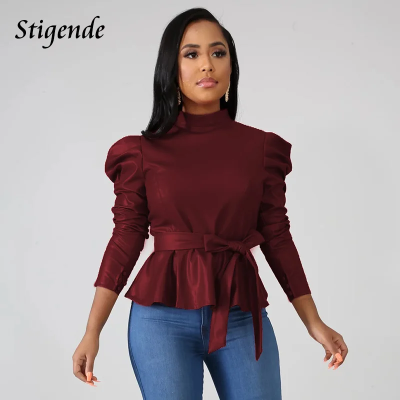  Stigende Women Long Sleeve Leather Pu Blouse Shirt Casual Solid Color Stand Neck Ruffle Shirts Autu