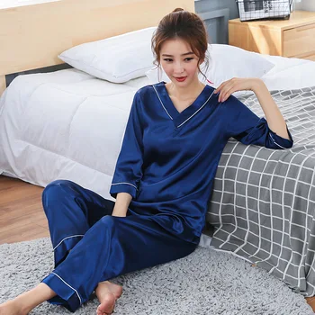

New Pajama women's V-neck summer thin middle sleeve simple simulation silk European and American household suit