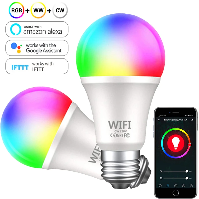 

WiFi Smart Bulb 15W E27 B22 LED Lighting Lamp Dimmable RGB+CW+WW Color Changing Magic Bulb works with Alexa and Google Home APP