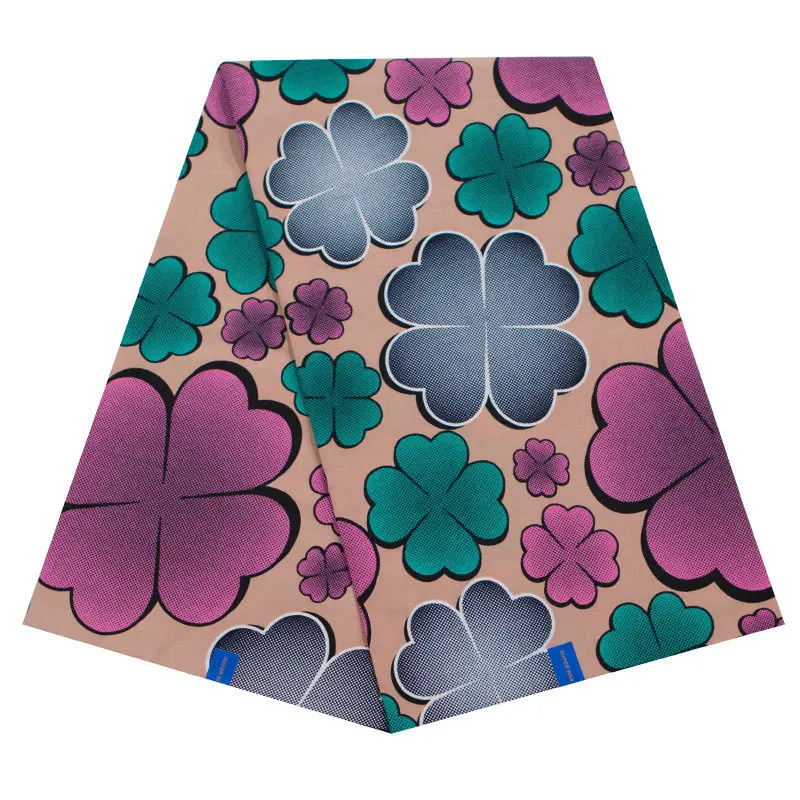 

New African Fabric Pure Cotton Pink And Green Four-Leaf Clover Print Fabric For Women Dress Wax