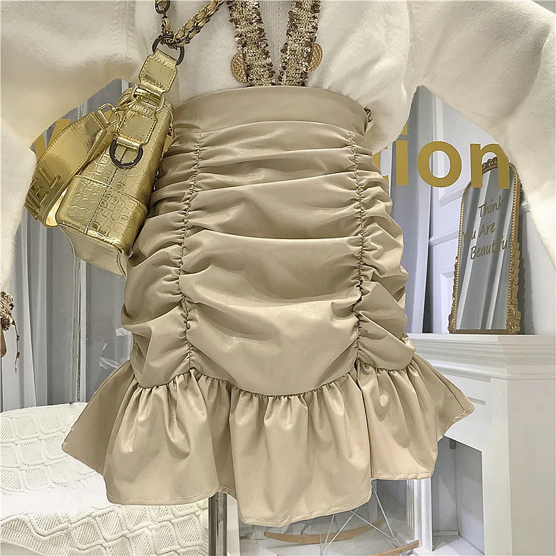 

Vintage Skirts Womens French Style Knee-Length A-Line Solid Sexy Women's High Waist Short Slim Ruffle Skirts 2019 Fall New