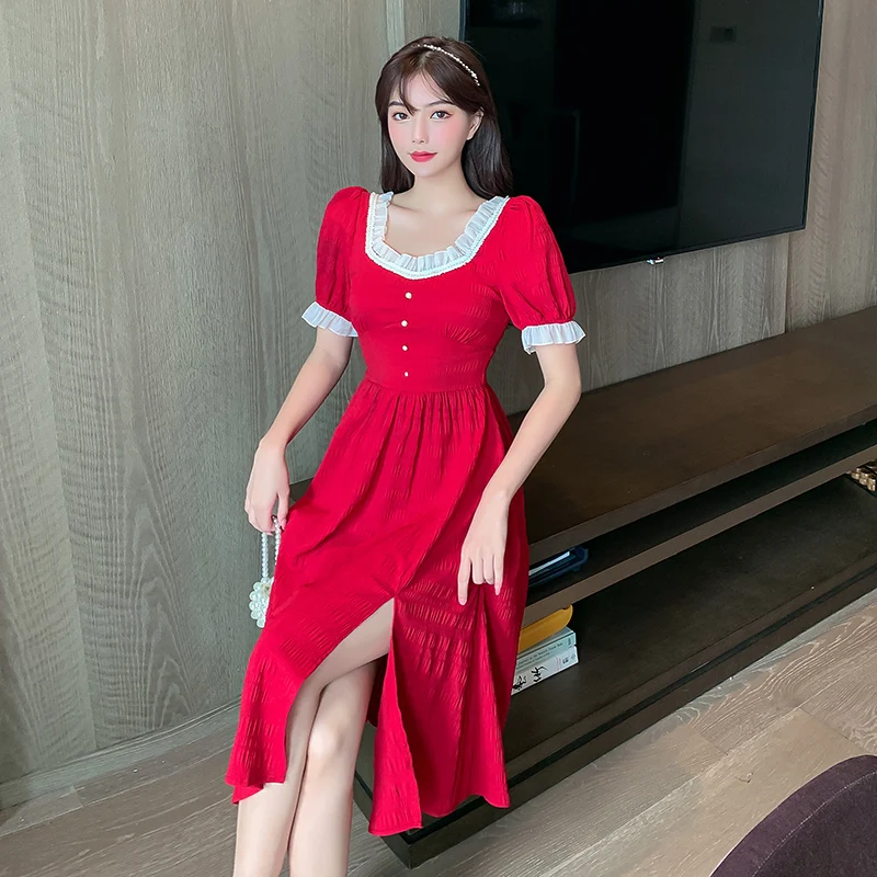 Новинка 2020 красное платье с пышными рукавами женское во французском дворцовом