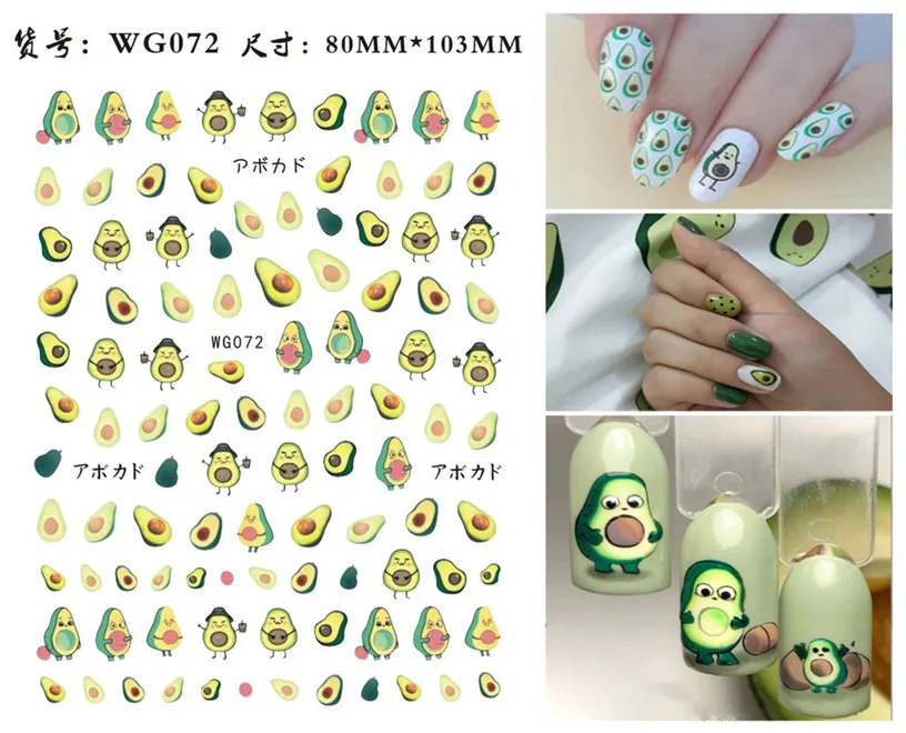 Newest Cute Cactus Avocado Design 3D Self Adhesive Decal Slider DIY Decoration Tool Nail Sticker  WG071 070 3