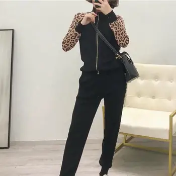

2019 Women Tracksuits Knitted Two Piece Sets Slim Zipper Cardigans Jacket Long Pants Suits Woman Leopard Sportsuits