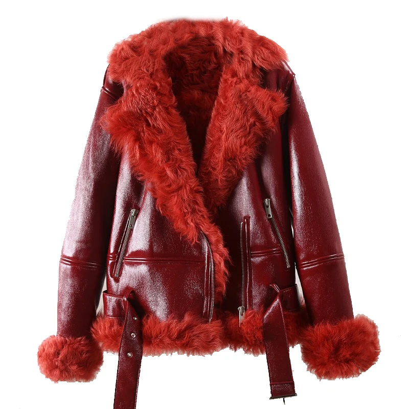 2020 Red Real Leather Fur Coats Lamb Short Genuine Locomotive Jacket Thick Warm Parka | Женская одежда