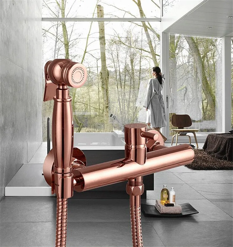Description Picture 2 of itemBathroom Bidet Faucets Solid Brass Hot & Cold Toilet Shower Blow-Fed Spray Gun Nozzle Bidet Mixer Tap Rose Gold Free Shipping
