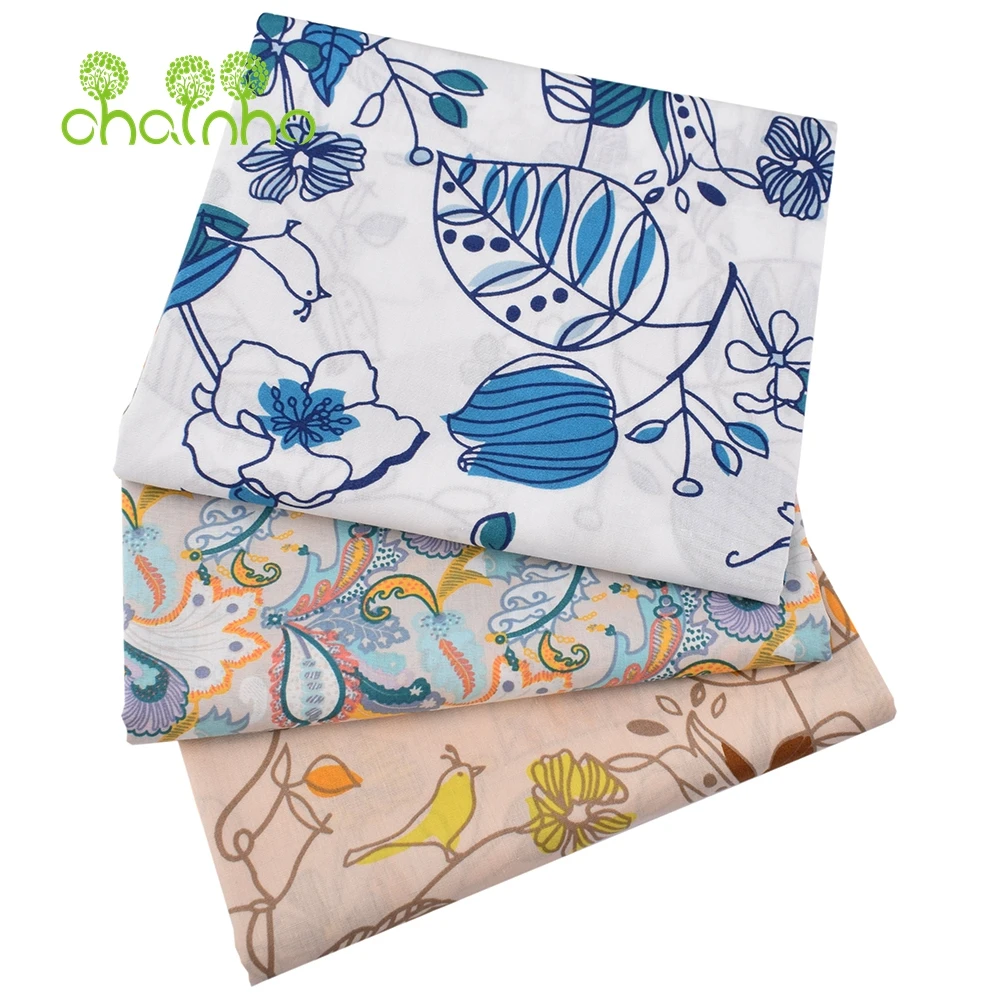 Chainho,Printed Plain Poplin Cotton Fabric,DIY Sewing Quilting Material For Baby & Child's Shirt,Skirt,Dress,Poppy Floral Series