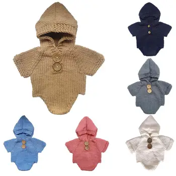 

Newborn Baby Solid Color Short Sleeve Woolen Yarn Knitted Hooded Romper Photography Prop Newborn Romper For 0-2 Months