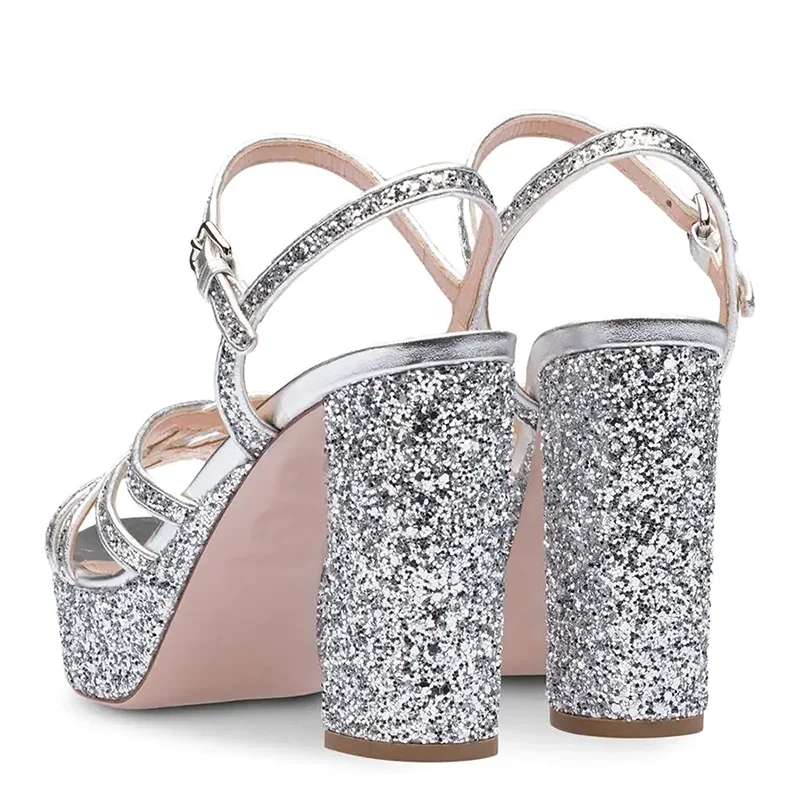 Silver Glitter Ankle Wrap Platform Sandals Woman High Chunky Heels Buckle Strap Female Ladies Party Shoes Big Size 11 16 Fashion