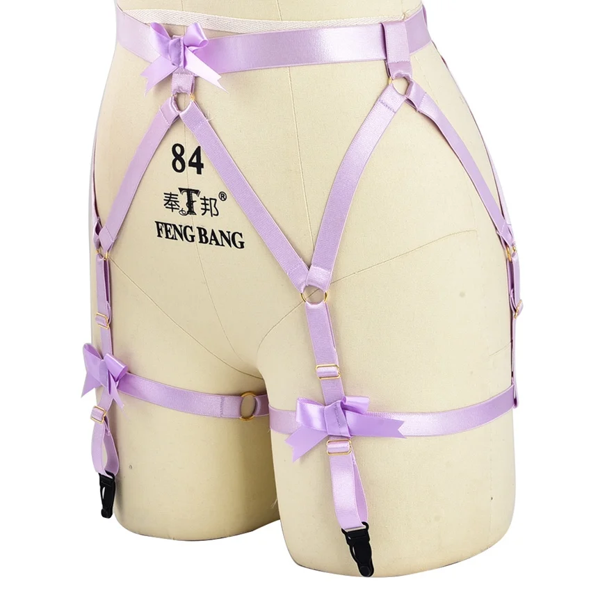 Body Harness Garter Belt Purple Bow Suspender Stockings Wedding Dance Punk Gothic Strap Caged Plus Size Elastic Sexy Lingerie