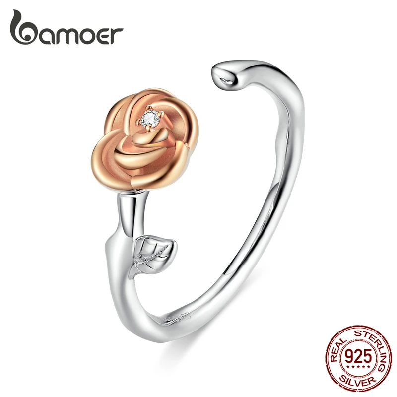 Bamoer, 3D, яркие розы, открытые Регулируемые кольца для женщин, настоящее 925 пробы, серебро, свободный размер, корейское ювелирное изделие, BSR096