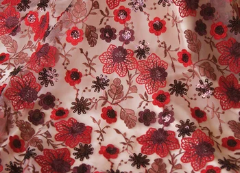 

High quality soft mesh yarn tissu Red color woven three-dimensional embroidery flowers patchwork Fashion dress fabric