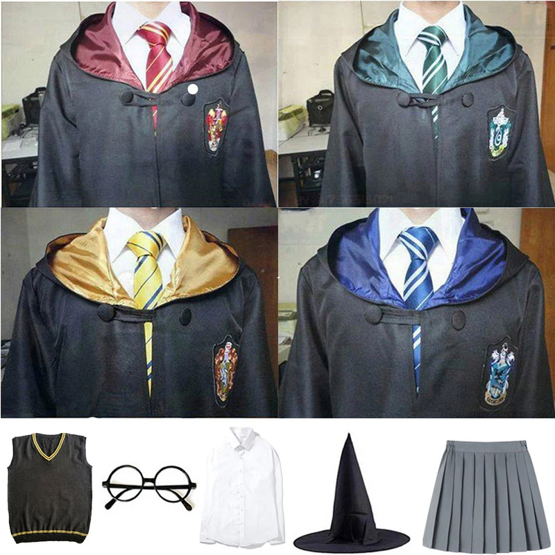 

Potter Cosplay Clothes Potter Cosplay Costume Robe Cloak With Tie Scarf Wand Glasses Sweater Shirt Skirt Cosplay Accessories