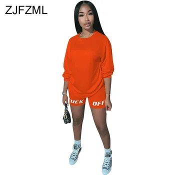 

Letter Print Causal Two Piece Outfit Sweatsuit Women Round Necklong Sleeve T-Shirt + Biker Shorts Plus Size Ladies Tracksuits