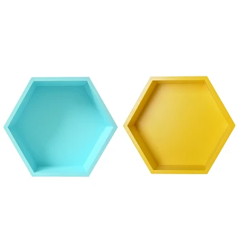 

2x Nursery Kids Room Decoration Shelf Wooden Hexagon Shelves for Baby Child Bedroom Decoration Blue & Yellow