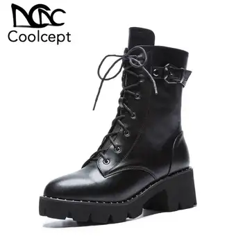 

CoolCept Women Mid Calf Boots Genuine Leather Gothic Shoes Women Lace Up Fashion Zipper Square Heels Platform Boots Size 33-43