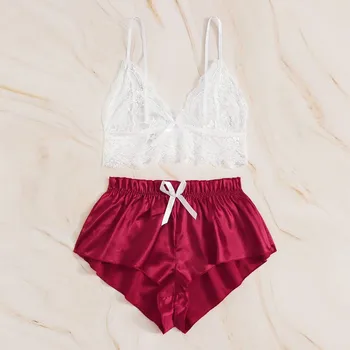 

Пижамы Женские Women's Sexy Pajamas Sets Camis Lace Tops Red Shorts 2 Pieces Female Sleepwear Nightwear Pajama 2020 E3