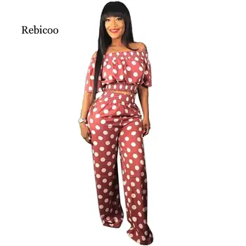 

Summer Women's Office Lady Style 2 Piece Set Solid Color Dot Slash Collar Short Top Off-the Shoulder Elastic Long Wide-leg Pants