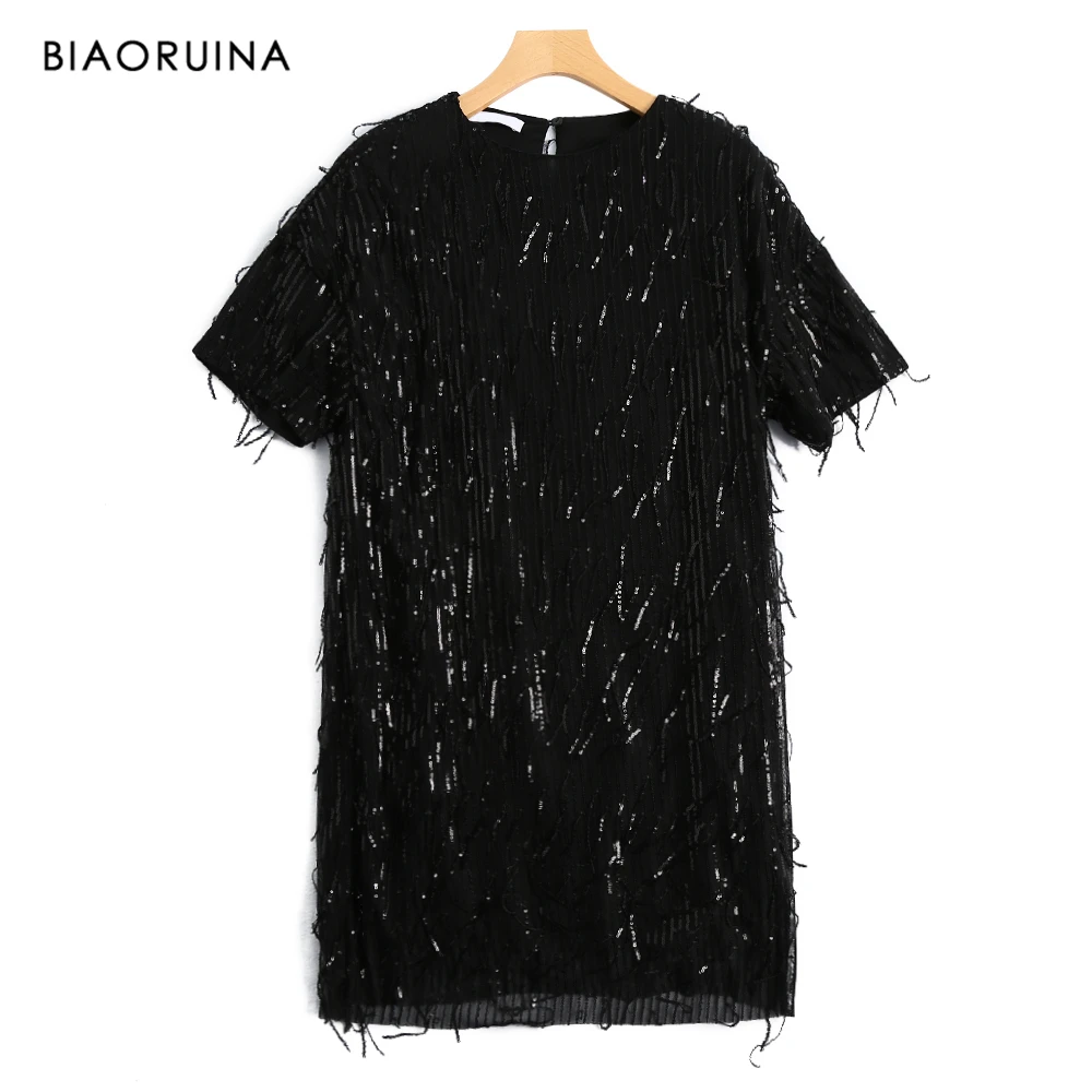 BIAORUINA, женское модное платье, расшитое блестками, с кисточками, прямое, мини платье, с круглым вырезом, женское, винтажное, на подкладке, Сетчатое, вечерние, праздничное платье, Vestidos