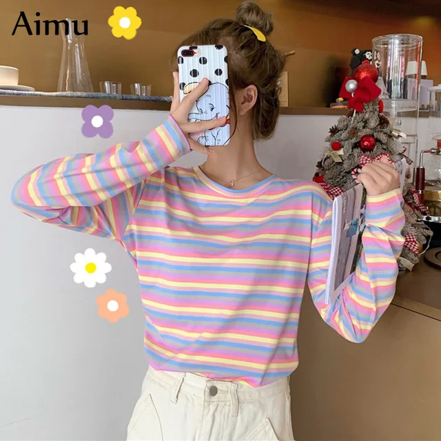 US $6.89 Harajuku Vintage t shirt Ulzzang Girlfriends kawaii rainbow stripe t-Shirts autumn Women Casual Loo