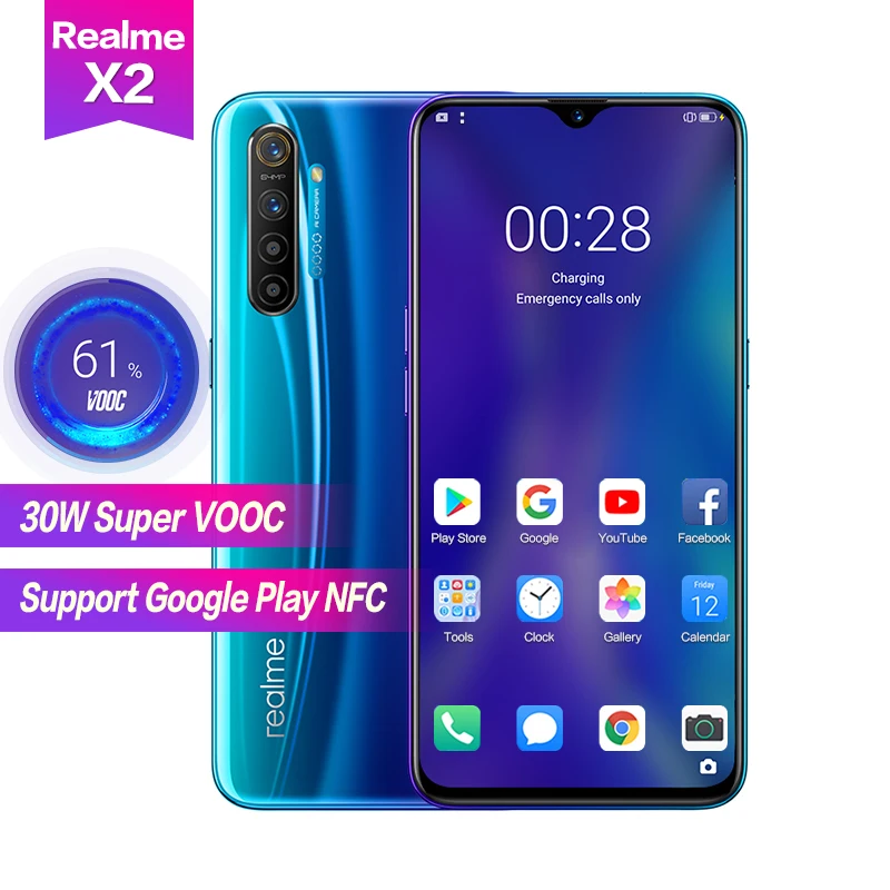 Realme X2 6 4 &quotSuper AMOLED полноэкранная Поддержка Google Play NFC 2340*1080 4000 мАч Super VOOC Octa Core 5 камер