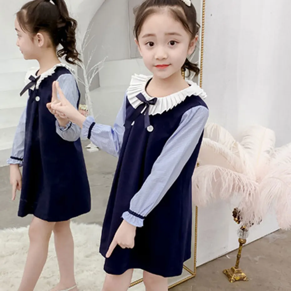 

Dress For Girls Striped Patchwork Girl Dress Fashion Peter Pan Collar Dress Kids Fall Loose Children's Clothing Christmas Gift