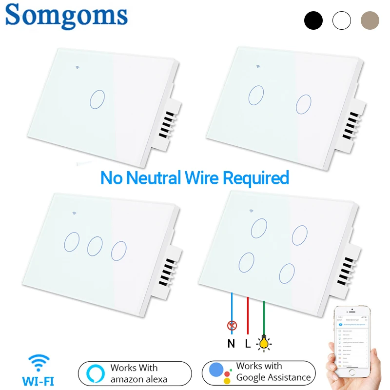 Somgoms Smart Wifi Touch Wall Light Switch, No Neutral Wire, APP Remote Home Drive,works with Alexa Google ,1/2/3/4 Gang afbeelding