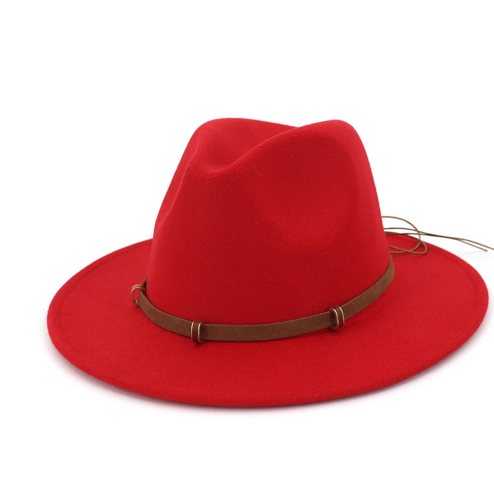 Ретро Мужская Женская шерстяная фетровая шляпа широкий джазования с полями шляпа леди зима осень чародей шляпка для церкви размер 56-58 см - Цвет: Red