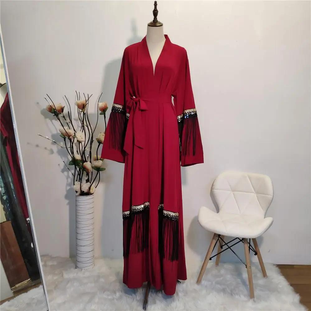 Muslim Long front open abaya kimono cardigan Tassels Robe islamic clothes for women Dress Muslim Femme