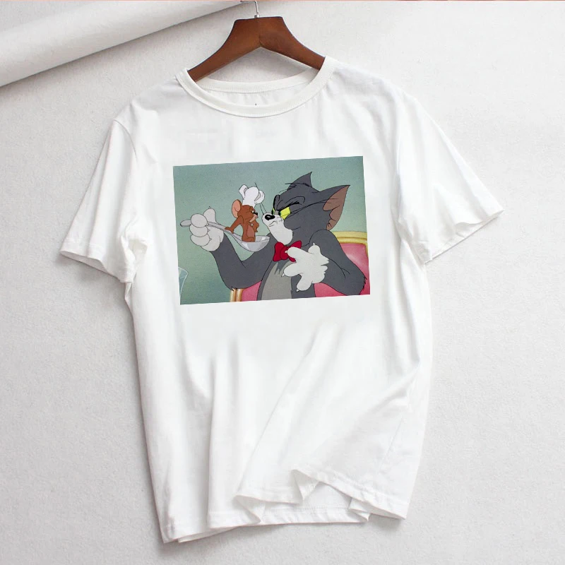 Кошка том мышь Джерри летняя Печать Повседневная Мультфильм забавная винтажная короткий рукав женские футболки свободные большие размеры пара Harajuku футболка