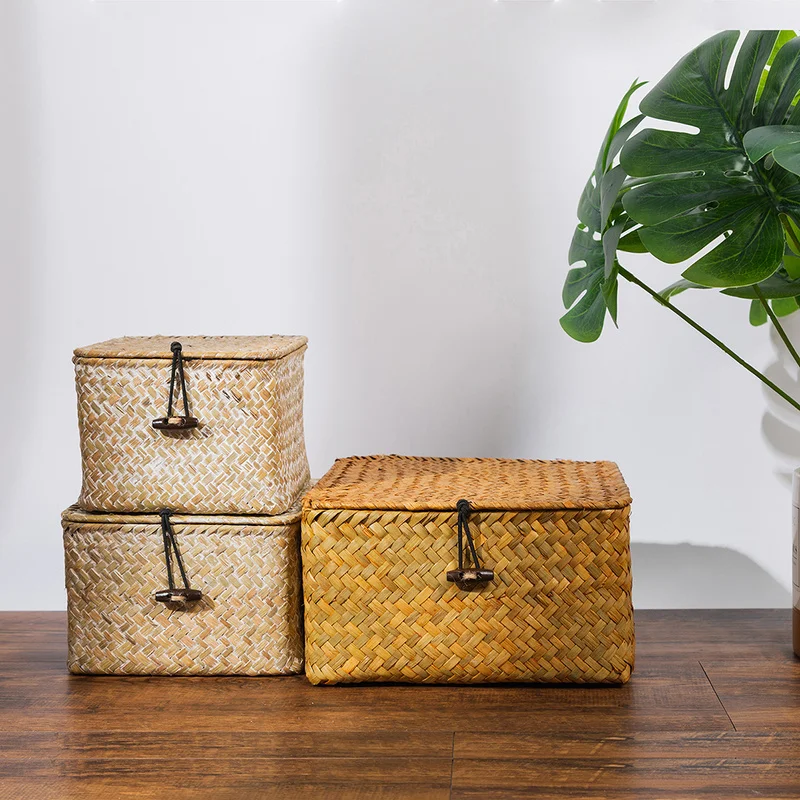 Seagrass Storage Boxes with Lid Rattan Storage Baskets Handmade