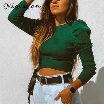 

Miguofan women sweaters pullover cross short pullovers green sweaters long puff sleeve streetwear female autumn sweaters jumpers
