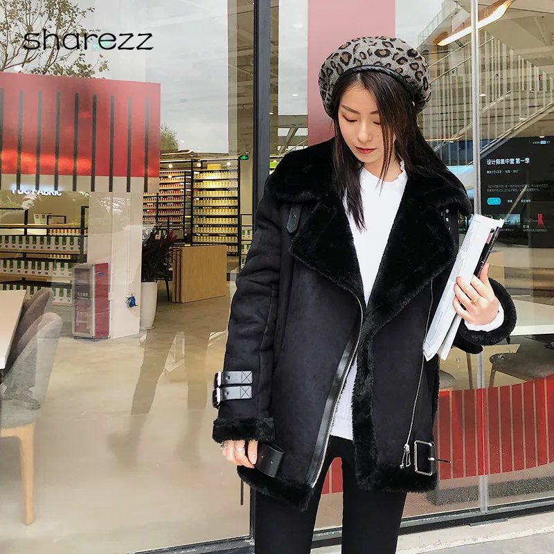 

New 2019 Winter Suede Leather Jacket Women Medium and Long Section Lamb Fur Motorcycle Jacket Thick Lambs Fur Warm Coat