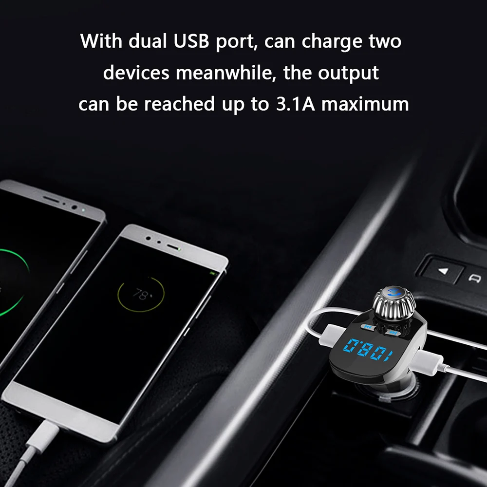 Fm-передатчик, автомобильный комплект, Bluetooth 5,0, двойное USB зарядное устройство, беспроводной аудио приемник, для путешествий, TFCard, музыкальный плеер для автомобиля, радио