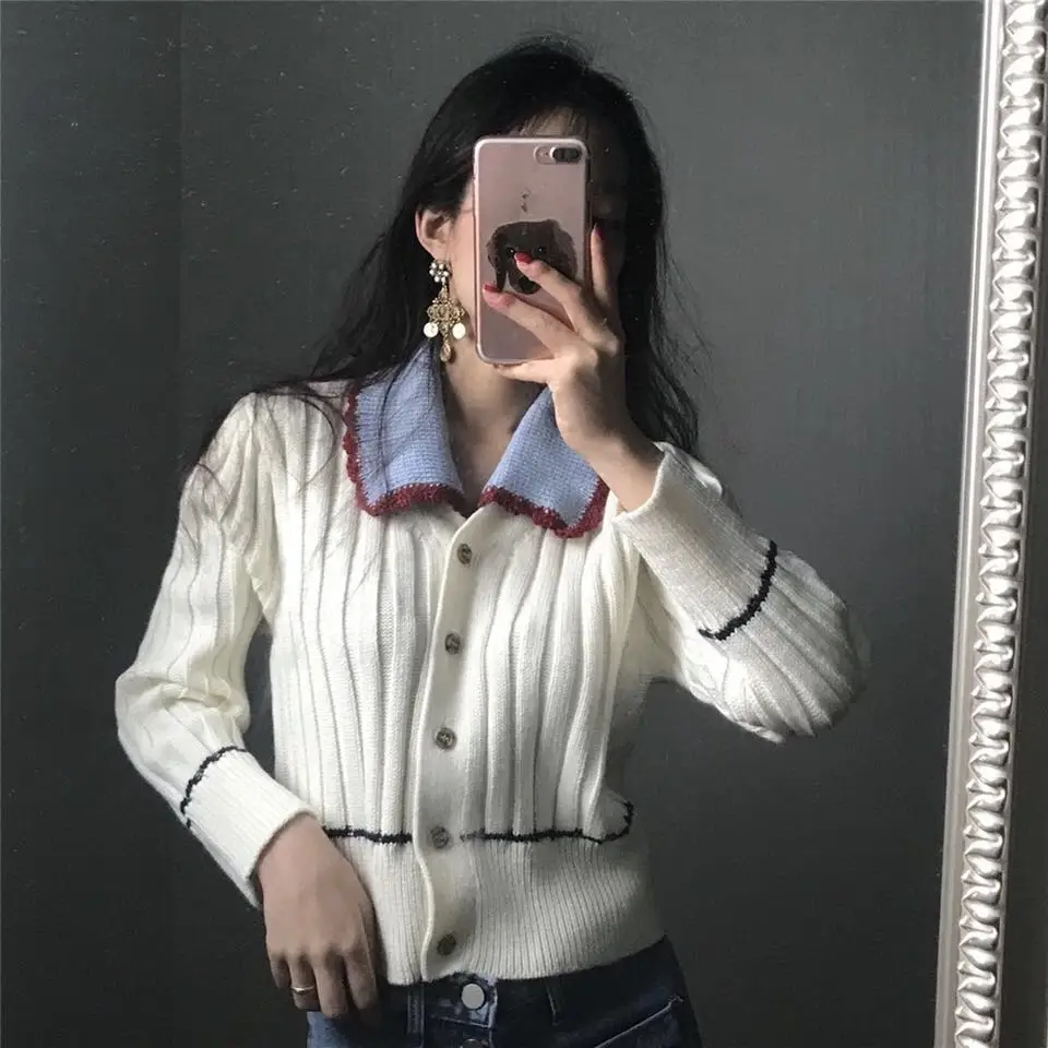 Woherb корейский Ctue свитер пальто для женщин Kawaii кардиган Джемперы контрастная полосатая куртка с отложным воротником укороченные свитера Трикотаж