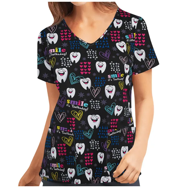 Teeth Print Scrub Tops Women Dentist Working Uniform Nurse Scrub Uniformes Medicos Para Mujer Tooth Hospital Workwear A50 BK