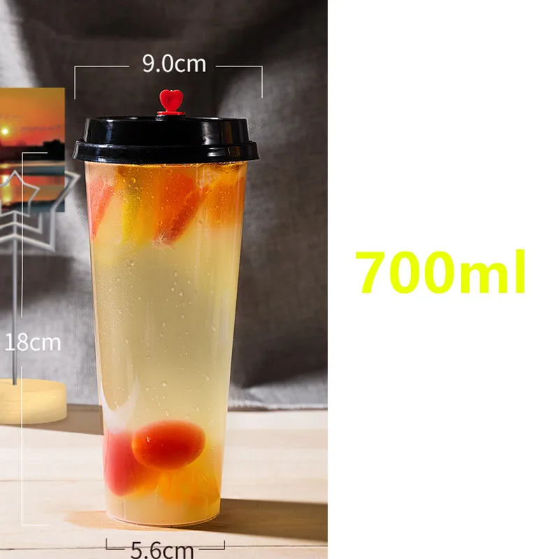 cup and lid2 50 шт одноразовые высокопроницаемые чашки для инъекций, чашка для молока, чая, прозрачная с крышкой, Упаковочная чашка, 500 мл, 700 м, пластиковые стаканчики для напитков - Цвет: cup and lid2