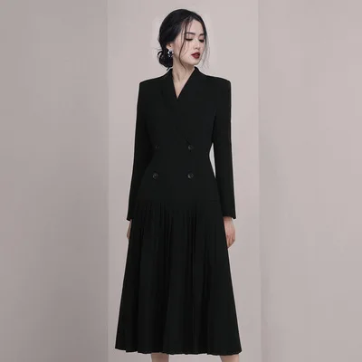 Low Price Banulin 2020 New Black Single-breasted Pleated Long Dresses Women Winter Notched Neck Suits Long sleeve Dresses OL Vestidos