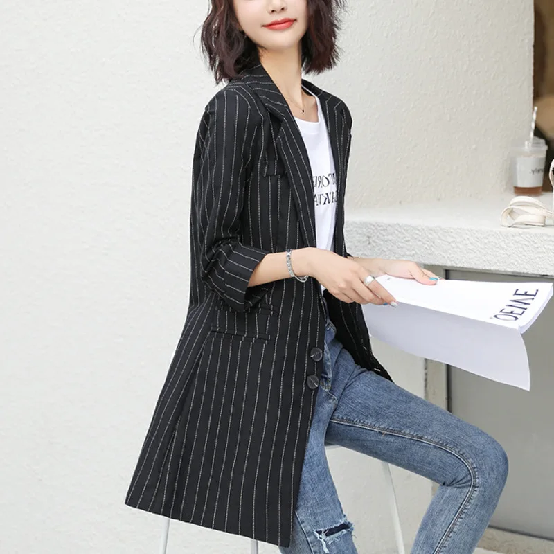 

2019 New Style WOMEN'S Dress Autumn Loose-Fit Slimming Fairy Students Elegant Korean-style Small Suit Vertical Stripes Two-Butto