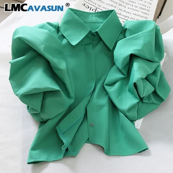 

LMCAVASUN Elegant Court Style Short Blouse Autumn Spring Holiday Beach Green Blusas Turn Down Collar Puff Long Sleeve Shirt