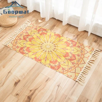 

60*110CM Retro Bohemian Hand Woven Cotton Linen Carpets Tassel Bedside Rug Geometric Floor Mat Living Rooms Bedrooms Home Decor